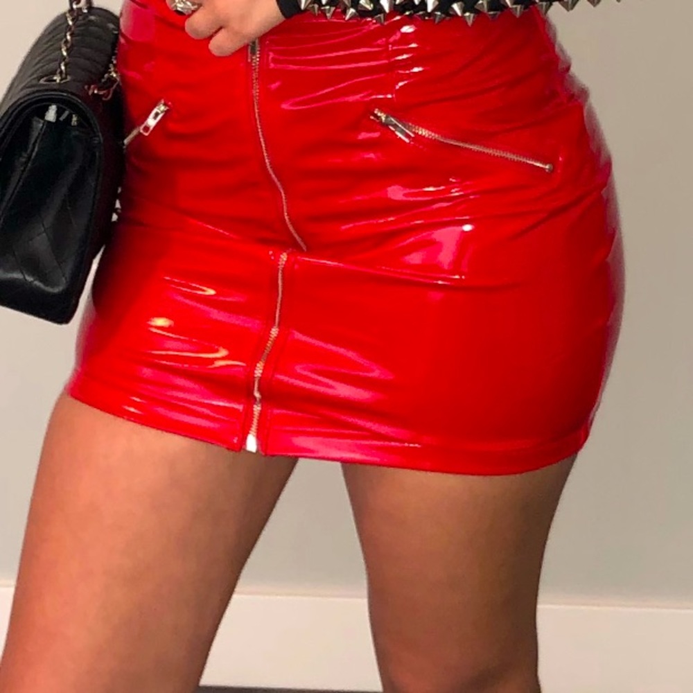 AKIRA Red Patent Mini Skirt with Front Zippers